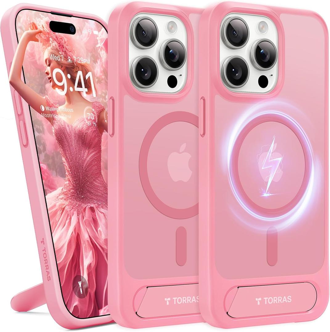 TORRAS Upgraded Magnetic & Stand for iPhone 15 Pro Case [Military Grade Drop Tested] [Compatible with MagSafe] Slim Thin Light Frosted Case for iPhone 15Pro Case Professional (6.1"), Pink