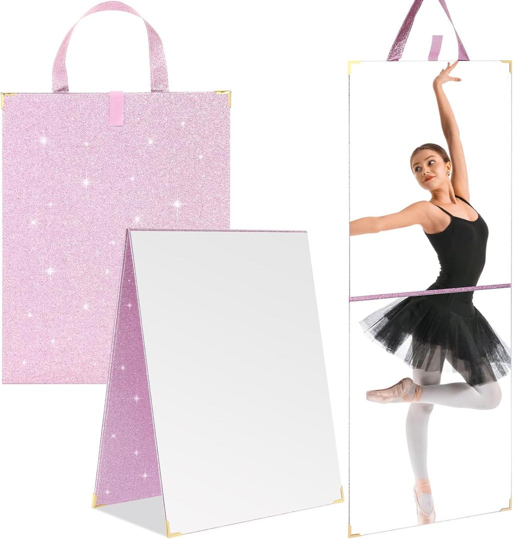 Colingmill Frameless Backstage Mirror with Handle 33.5 x 13.5 Inch Glitter Foldable Hanging Mirror Rectangular for Travel Dance Bag Home Fitness Spa Gift for Dancers(Purple)