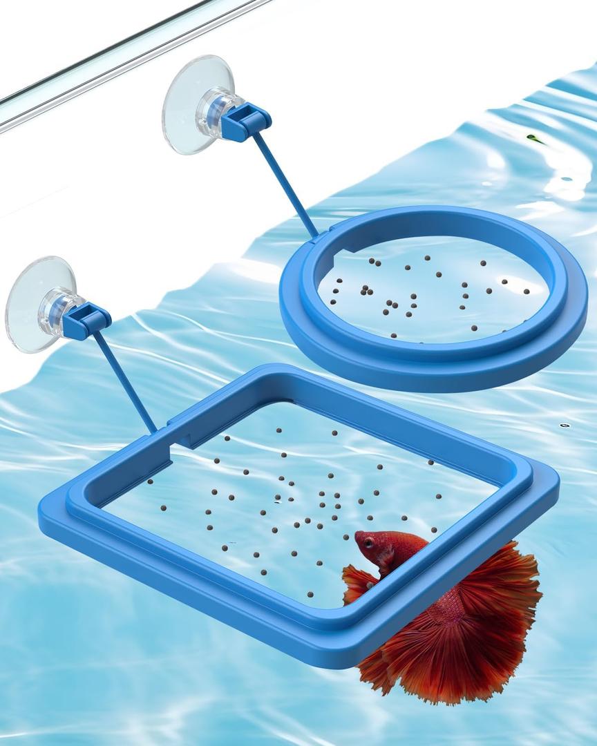 Pawfly 2 Pcs Fish Feeding Ring for Aquarium  Round and Square Floating Food Feeder with Suction Cup for Betta, Goldfish, Guppy, Turtle & Small Fish