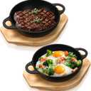 2 Sets Mini Cast Iron Skillet with Wooden Base Small Cast Iron Plates Skillet Pan Round Fajita Plate Hot Steak Pot Dish for Baking Cooking(6.1 Inch)
