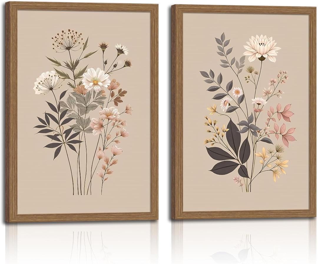 2pcs Framed Botanical Canvas Prints - Neutral Floral Wall Art With Wildflowers - Minimalist Nature Posters For Living Room, Bedroom, Office Decor -Modern Flower Picture 16x24in