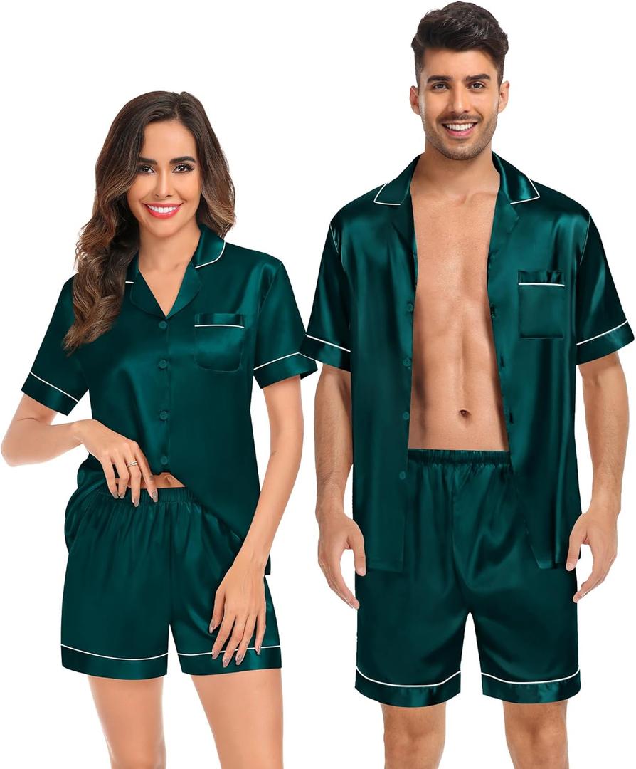 SWOMOG Couples Matching Pajamas Set Satin Short Sleeve Button Down Tops Silk Shorts Pj Lounge Set Soft Sleepwear (Green, M)