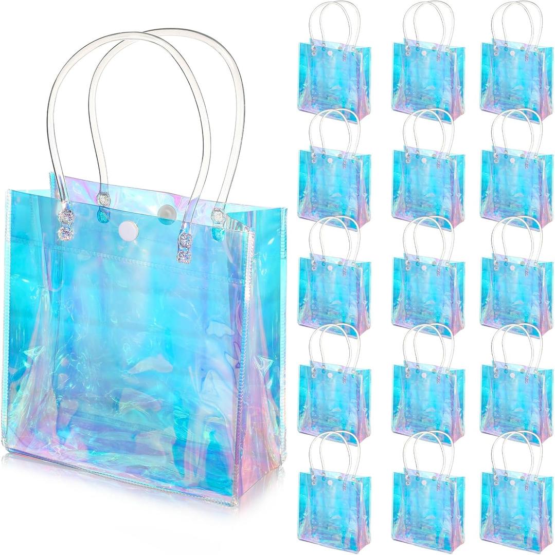 Sherr 16 Pcs Holographic Small Gift Bag Reusable Iridescent Clear Bags for Women PVC Plastic Goodie Holder with Handles for Shopping Christmas Holiday Gift Party Favor(5.91" x 6.3" x 2.76",Rainbow)