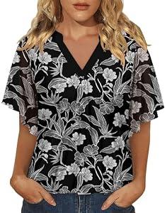 onlypuff Spring Blouses for Women 2024, Ruffles Sleeve Womens Tunic Tops Dressy Casual Ladies V Neck Office Shirts Business Attire Summer Work Clothes Swing Sheer Elegant Peasant Tops Black Daffodils M