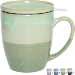 Bosmarlin Ceramic Tea Cup with Infuser and Lid, 16 Oz, 4 Colors to Choose, Dishwasher and Microwave Safe, Steeping Tea Mug with Strainer, Reactive Glaze, (Green)