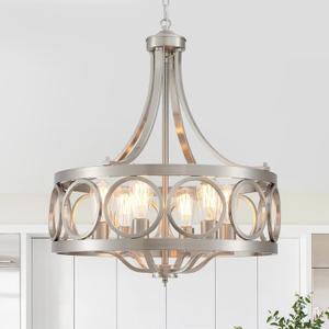 XINGQI Brushed Nickel Dining Room Chandelier 6 Lights Modern Farmhouse Chandelier 21.7" Round Hanging Lighting Fixture Rustic Metal Drum Pendant Lamp for Entryway Bedroom Kitchen, Large