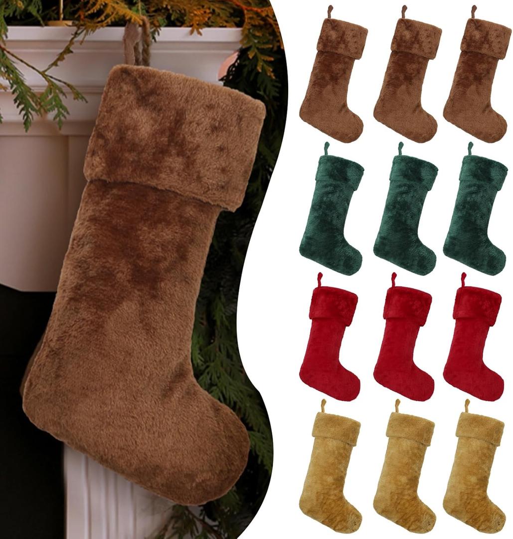 12 Pcs Christmas Stocking 18'' Bulk Thick Plush Fabric Hanging Christmas Stocking Decorations for Xmas Holiday Family Party Tree Fireplace Classic Ornaments (Red, Brown, Khaki, Dark Green)