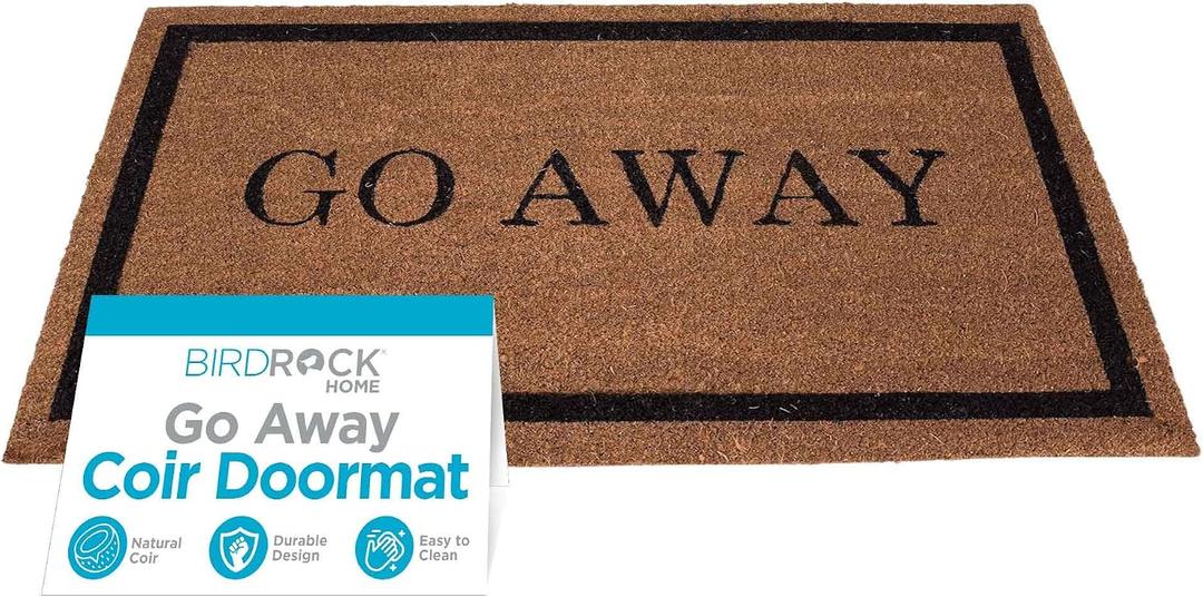 BIRDROCK HOME Go Away Coir Doormat | 18 x 30 Inch | Standard Welcome Mat with Black Border and Natural Fade | Vinyl Backed | Outdoor