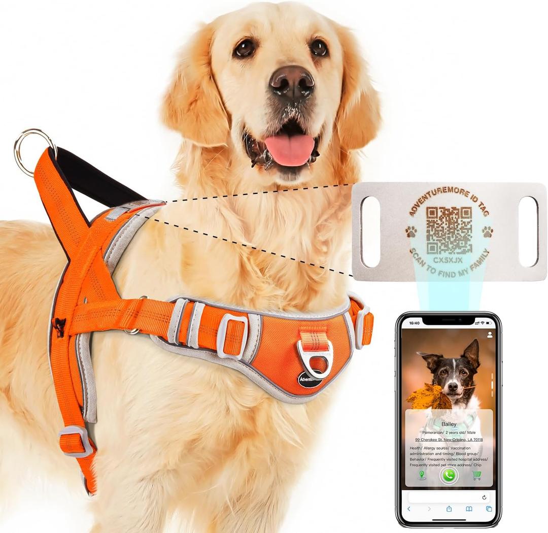 ADVENTUREMORE Dog Harness Medium No Pull with QR Code Dog Tag, Adjustable Reflective Vest, Escape Proof Smart ID Tag with Easy Control Front Clip Handle for Walking M Orange