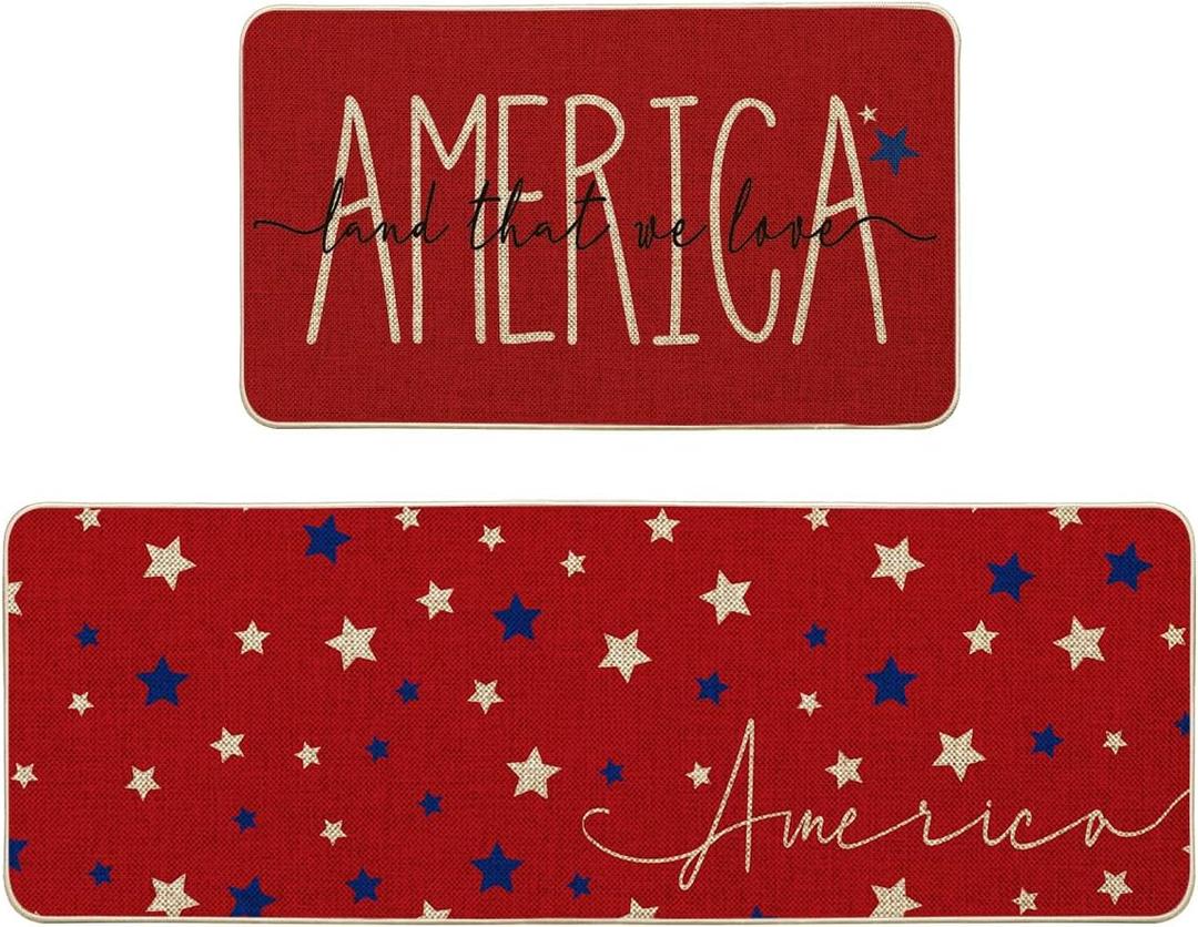 Artoid Mode Red America Stars Patriotic 4th of July Kitchen Mats Set of 2, Memorial Day Home Decor Kitchen Rugs for Floor - 17x29 and 17x47 Inch