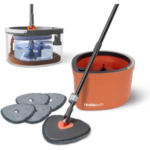 Dual Chamber Spin Mop and Bucket System, Mop Bucket Separate Dirty Water, Mop and Bucket Set with Self-Wringing 360 Rotating Mop Head, Includes 4 Washable Microfiber Mop Pads. (Orange)