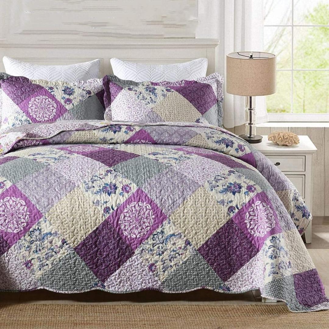 ENJOHOS Purple Queen Quilt - Bedspreads Queen Size, Reversible Patchwork Floral Quilt Bedspread, Lightweight Country Quilts Set with 2 Pillowcase