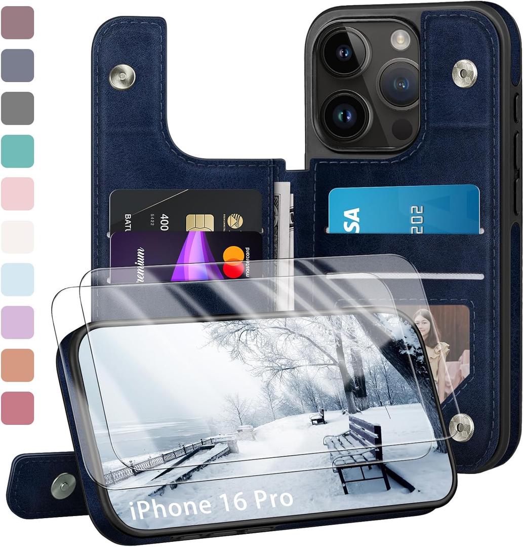 Compatible with iPhone 16 Pro Case Wallet, Card Holder Case with [2 Screen Protectors] Cover with [RFID Blocking Leather] Shockproof Women Men Cases 6.3" for Apple 16 Pro Dark Blue (Dark Blue)