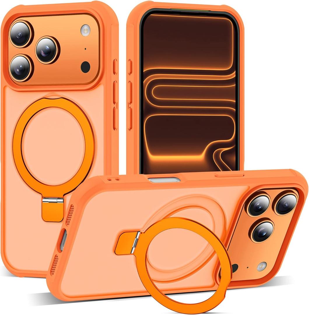 SKYLMW Compatible with iPhone 17 Pro Case with Invisible Magnetic O-Ring Stand Military-Grade Translucent Phone Case for iPhone 17 Pro 6.3" [Compatible with Mag-Safe][Great Grip Feeling],Orange