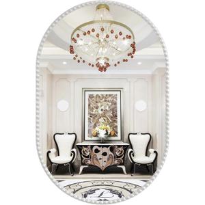 Oval Mirror for Wall, 24x36 Inch White Oval Bathroom Mirror, White Vanity Mirrors, Metal Floral Frame Mirror for Bedroom Living Room Hallway, Hangs Horizontally or Vertically