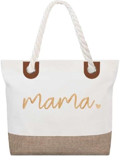 GhvyenntteS Mama Bag, Mama Tote Bag with Zipper, Birthday Gifts for Women Mom Grandma, New Mom Gifts for Hospital, Shopping, Beach, Travel