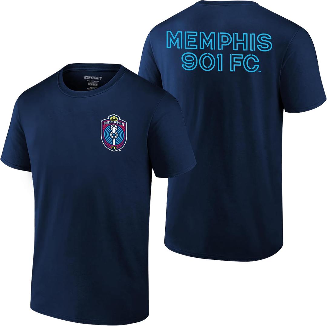 Icon Sports Men's USL Soccer Club Graphic Print Logo Front Back Short Sleeve Cotton T-Shirt | Memphis 901 FC, Badge Navy, X-Large (XL)