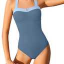 Shallmu Girls One Piece Swimsuits Color Block Dual Crossback Straps with Cover Up Skirt Girl's Swimwear, Blue, 15-16Y