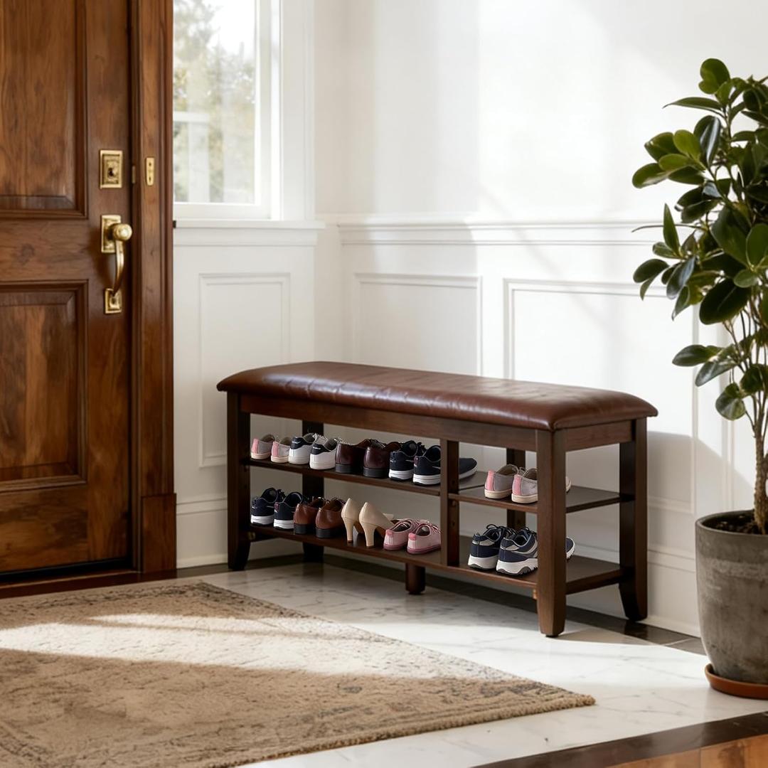 PY HOME & SPORTS Shoe Rack for Entryway 39.4": 2-Tier Shoe Storage Bench, Adjustable/Removable Shelves, Rubberwood Shoe Benches for Hallway, Porch, Bathroom, Brown