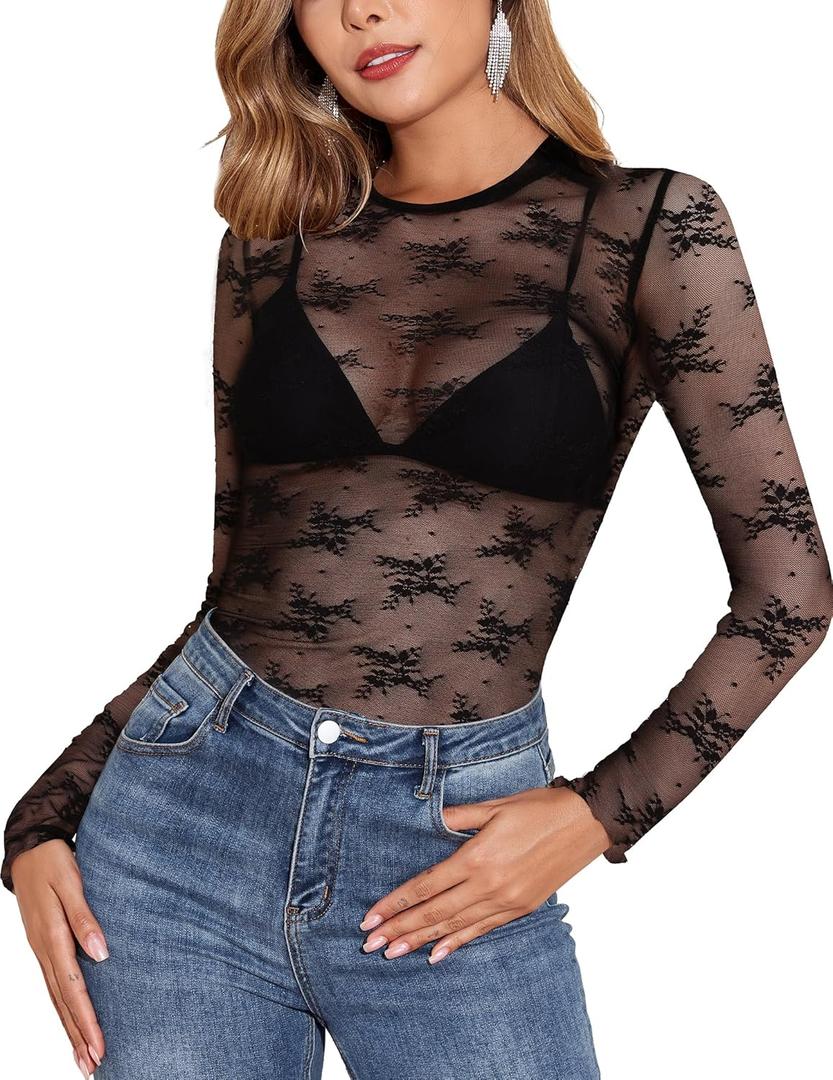 YYA Sparkly Mesh Top for Women Long Sleeve Round Neck Mesh Shirt Sheer Shiny Top Solid Floral Tee Shirts S (Black Lace)