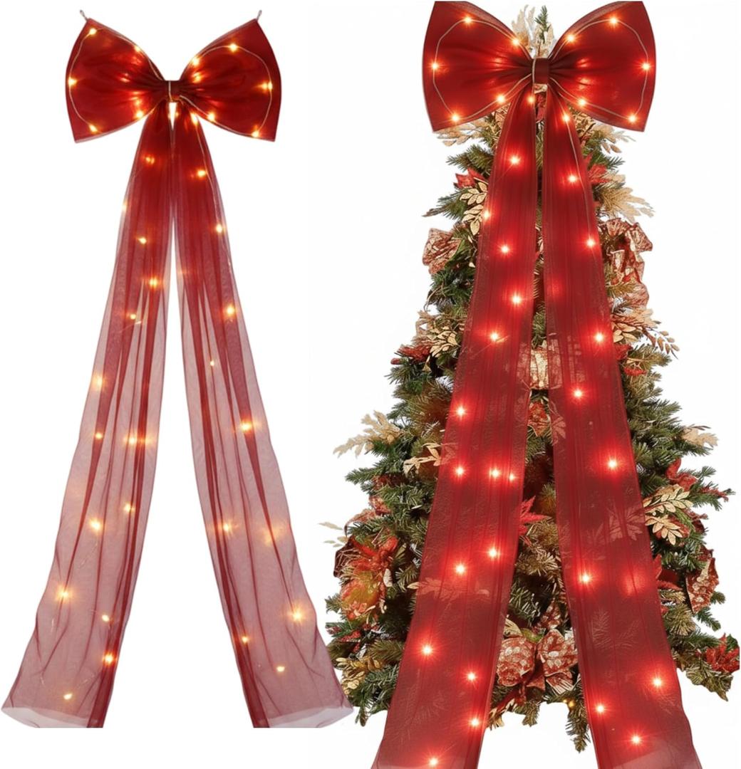 Suncalla 24 x 71 Inch LED Extra Large Christmas Tree Bows Red Christmas Tree Topper Decor with LED Light Giant Xmas Bows for Home Wreath Wall Birthday Party Holiday Decor Supplies