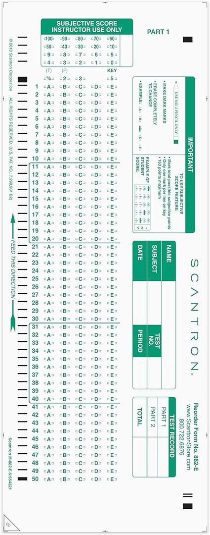 Official Scantron Brand 882-E Answer Sheet, (25 Pack)