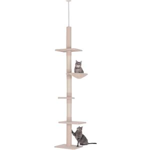 PawHut 102" Adjustable Height Floor to Ceiling Cat Tree, 5 Level Cat Tower with Scratching Posts, Hammock, Beige