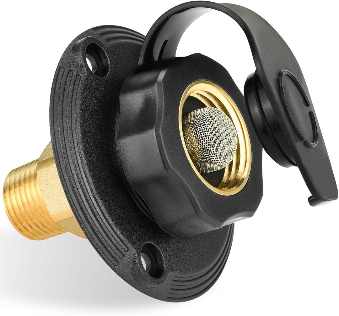 RV City Water Inlet with Brass Check Valve, Fresh Water Fill Flange for Camper Hookup, Durable RV Water Replacement Connection Fittings, Black