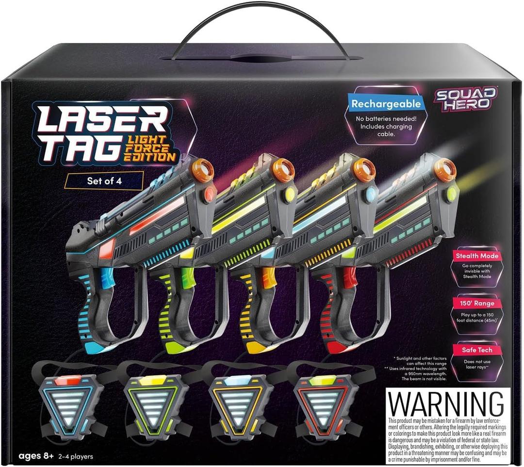 Squad Hero Rechargeable Laser Tag for Kids, Teens & Adults - Boys Gifts - Blasters & Vest Sensors - Fun Ideas Age 8+ Year Old Toys - 4 Set - Lazer Teen Boy Game Boys & Girls Outdoor Teenage Activities, 4 Pack