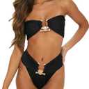RARITYUS Women Bikini Metal Ring High Waist Two Piece Set Push Up Sexy Summer Swimwear Strapless Bathing Suit (Small, Black(No Shoulder Strap))