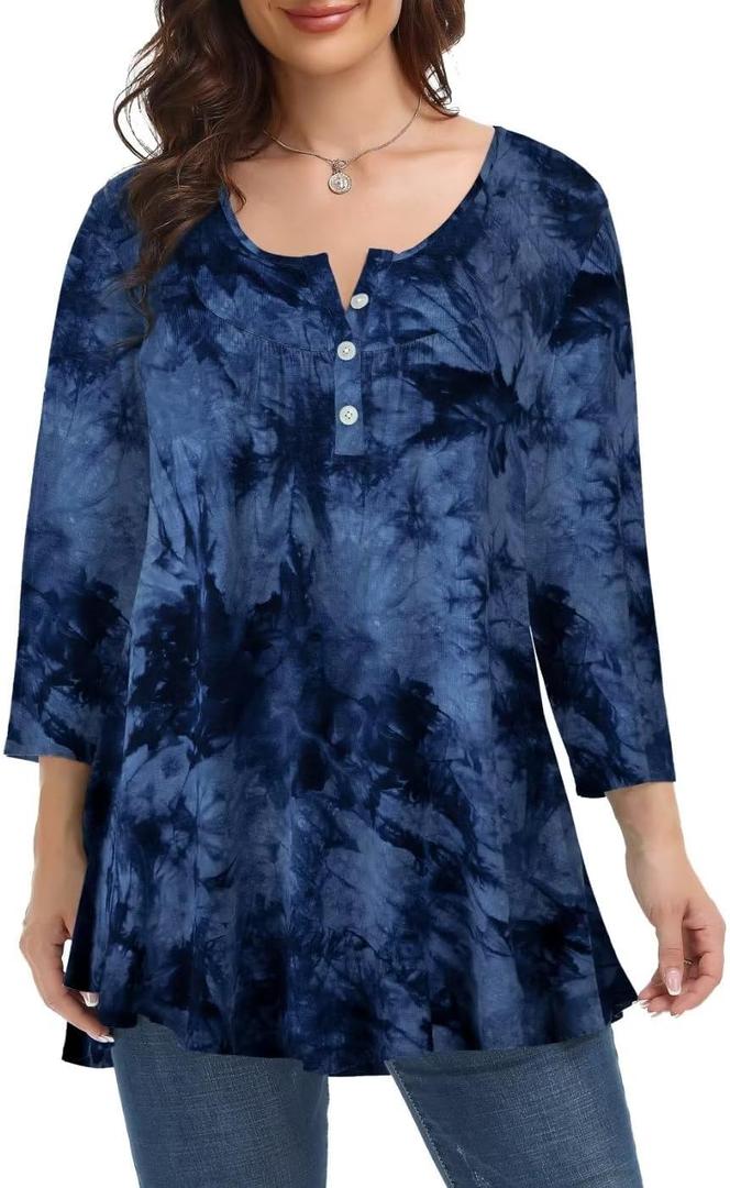 MONNURO Womens Plus Size Henley Shirts Button Up V Neck Pleated Tunic Tops Casual Blouse 3/4 Sleeve (Blue, XXXL)