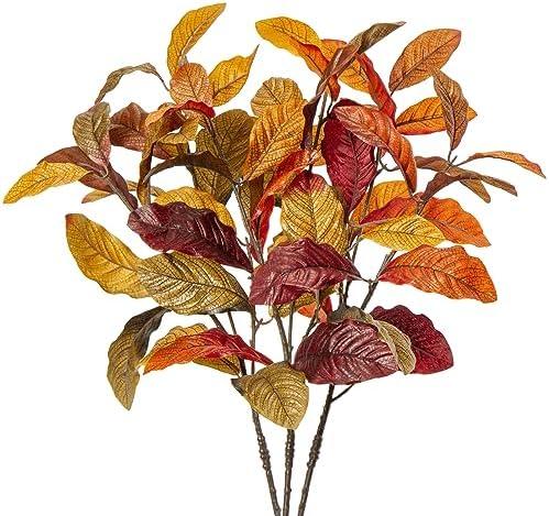 Artificial Magnolia Leaves 26.3" Tall Fake Fall Leaves Stems 3 Pack Faux Fall Leaves Realistic Fall Floral Stems Long Fall Decorations for Home Fireplace Table Centerpieces Décor Autumn Leaf Branches