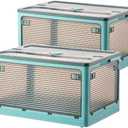 Folding Storage Bins, 50 Liters, 2 Pcs Blue plastic Storage Containers with Wheels, Double Doors, Foldable, Stackable, Plastic Box with Lids for Organization, Storage Cart