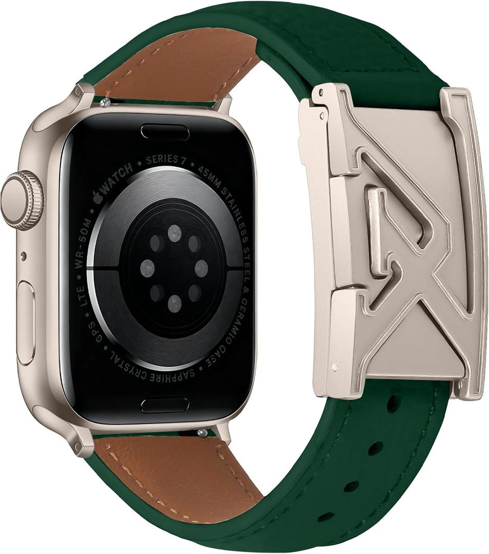 Leather Magnetic Band Compatible with Apple Watch Bands 38mm 40mm 41mm 42mm 44mm 45mm 46mm 49mm, Top Grain Genuine Leather iWatch band, Designer Dressy Luxury Strap for Women Men (Pine Green)