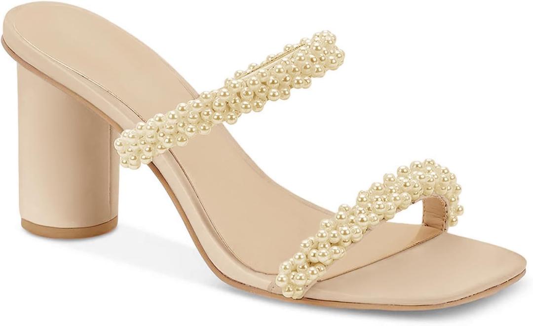 Womens Chunky Heeled Sandals Pearl Strappy Open Square Toe Slip-on Block Heels Backless Mules Shoes (6, Khaki)