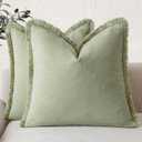 Foindtower Set of 2 Decorative Linen Fringe Throw Pillow Covers Boho Farmhouse Cushion Cover with Tassels Soft Accent Pillowcase for Couch Sofa Bed Living Room Home Decor,1818 Inch,Light Sage Green