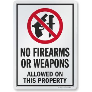 SmartSign 14 x 10 inch No Firearms Or Weapons Allowed On This Property Metal Sign, 40 mil Laminated Rustproof Aluminum, Red, Black and White, Made in USA