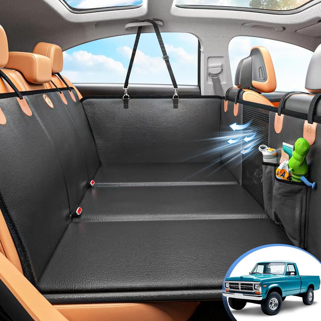 Back Seat Extender for Dogs, Hard Bottom Dog Car Seat Cover for Truck Back Seat, Dog Hammock for Car, Upgraded PU Leather Material, Larger Space, Holds 400lbs (XL, Black+Orange)