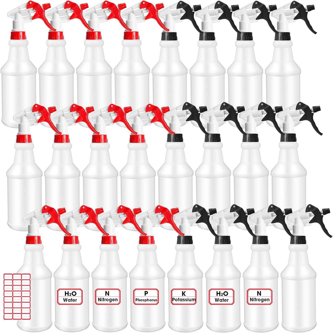 Gerrii 14 Pcs 24oz Plastic Spray Bottle Bulk, Empty Refillable Squirt Bottles for Cleaning Solution, Leak Proof Water Spray Bottle with Adjustable Nozzle and Sticker Commercial Supplies (Red & Black)