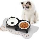 Ceramic Elevated Cat Bowls Kitty Bowls - 15 Tilt Anti-Vomiting, Silicone Mat Included, Whisker Friendly for Indoor Cats & Small Dogs (2-Pack) (Black)