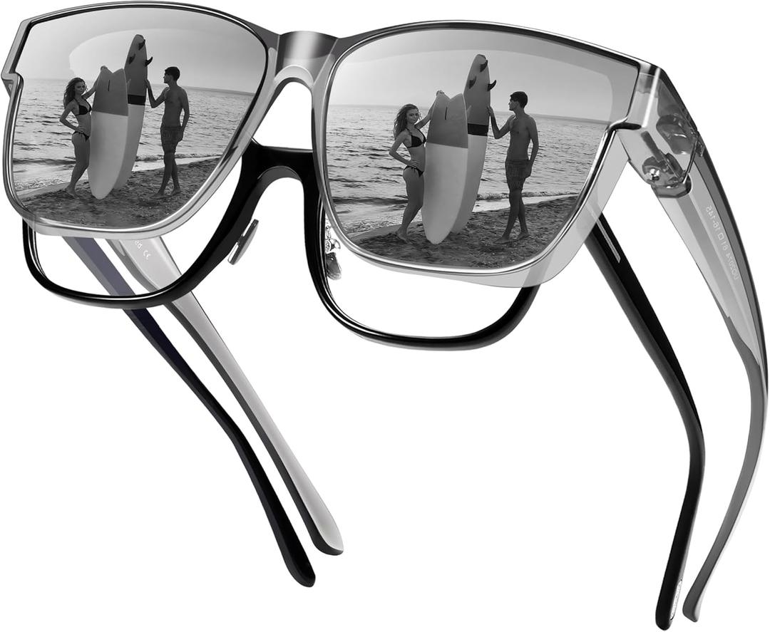 URUMQI Polarized Sunglasses Fit Over Glasses for Men Women, Oversized Square Shades UV400 Protection (03 Transparent Grey Frame/Grey Lens)