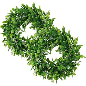 2 Packs Artificial Green Leaves Wreath - 11 Inch Artificial Boxwood Wreaths with White Flower for Window Wall Wedding Decor