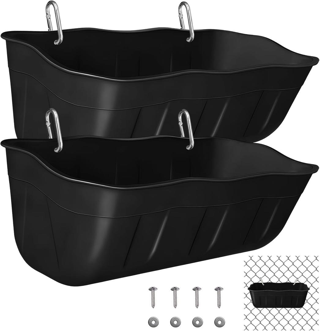 Chicken Feeder Waterer,Hanging Goat Feeders,Feed Trough 3.5 Quart 2 Pack,Hanging Fence Feed Trough for Poultry Livestock,Black