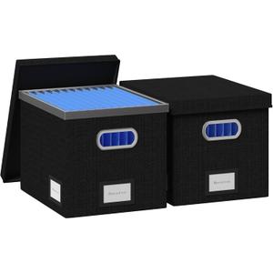 File Organizer Box - File Boxes for Hanging Files with Lid Set of 3 Decorative Hanging Folders Organizer with One-Piece Plastic Frame Slides (Black, 13.2 * 10.1 * 10.1in(2Pack))