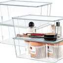 Set of 4, Stackable Plastic Clear Organizer with Lids, | Thick, Sturdy, Easy Assembly, Wardrobe, Fit up to US Size 12, Shoebox Containers, Front Open, Closet, Magnetic Door,