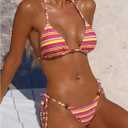 MakeMeChic Women's Striped Triangle Thong Micro Bikini Sets Halter Swimsuits Bathing Suit (XS)
