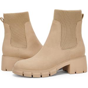 Ruanyu Womens Platform Ankle Boots Elastic Chunky Block Heel Chelsea Booties Lug Sole Non-Slip Combat Shoes (Beige)