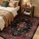 RELEANY Area Rugs 3'x5' Washable Non-Slip, Floral Vintage Distress Print Pattern Medallion Carpet for Living Room Bedroom Dining Room, Red Black