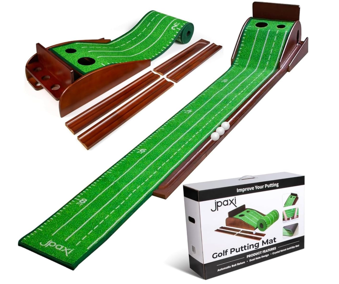 Golf Putting Mat with Ball Return - Putting Green Indoor Featuring 9ft Non-Slip Velvet Surface for Indoor & Outdoor - Smooth, Skip-Free Walnut Ball Return System - Golf Practice Mat for Backyard