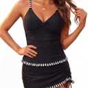 Daci Women Tankini Swimsuits with Skirt - Two Piece Tummy Control Skirted 2PC Bathing Suits Swimwear (Small, Black Striped)